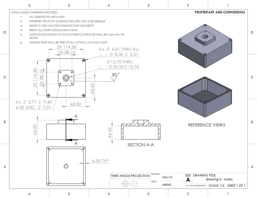 Detalle de plano de ingeniería para definir tolerancias, material y requisitos de inspección